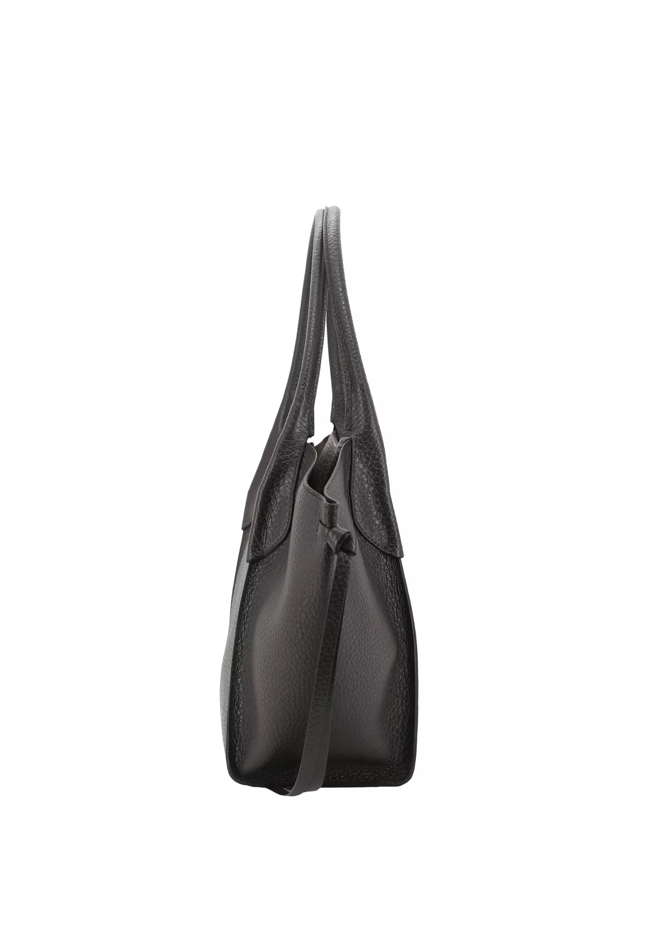 A brown leather shoulder bag shown from a side profile view against a plain white background.