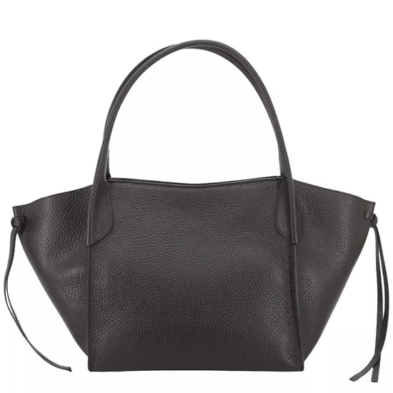 A brown pebbled leather handbag with a structured, wide silhouette, double top handles, and side drawstring tassels, shown against a plain white background.