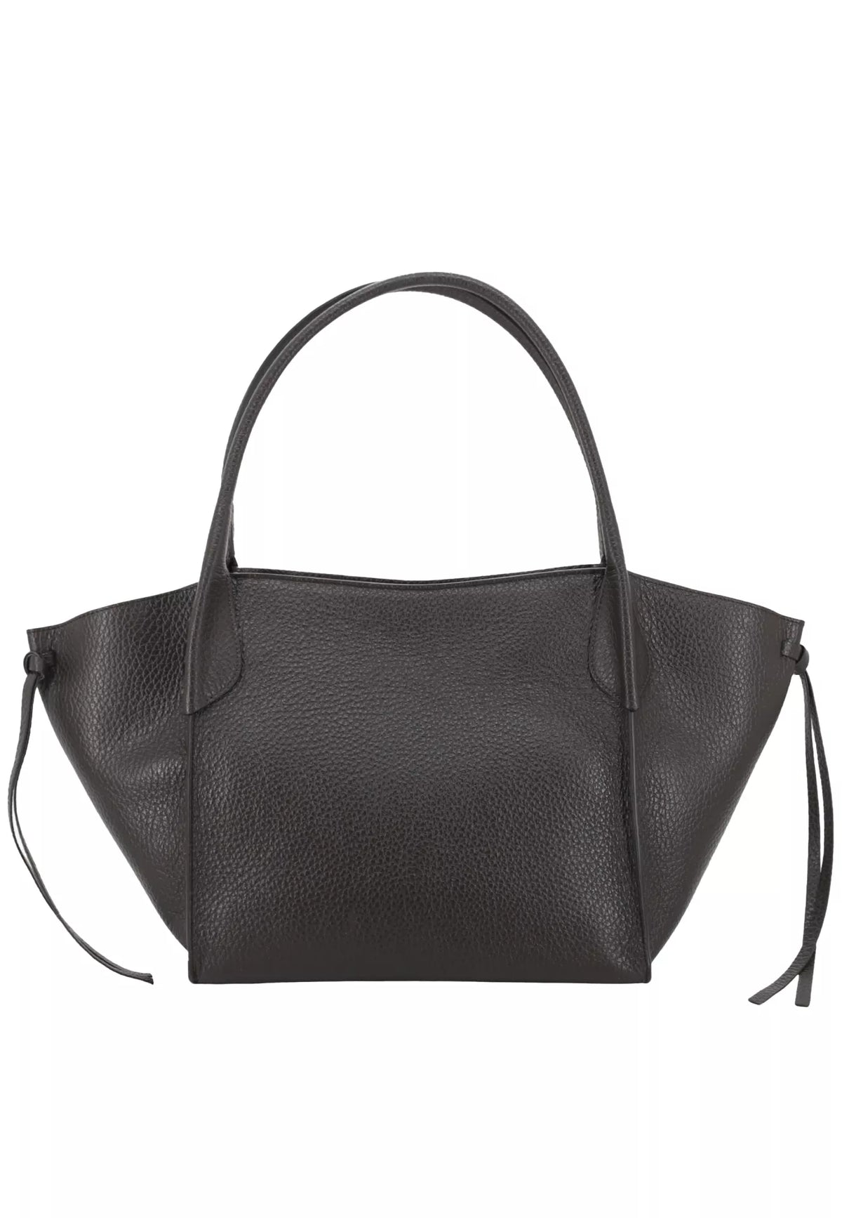 A brown pebbled leather handbag with a structured, wide silhouette, double top handles, and side drawstring tassels, shown against a plain white background.