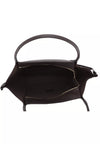 The interior of a dark brown textured leather handbag with a single top handle, shown against a plain white background.