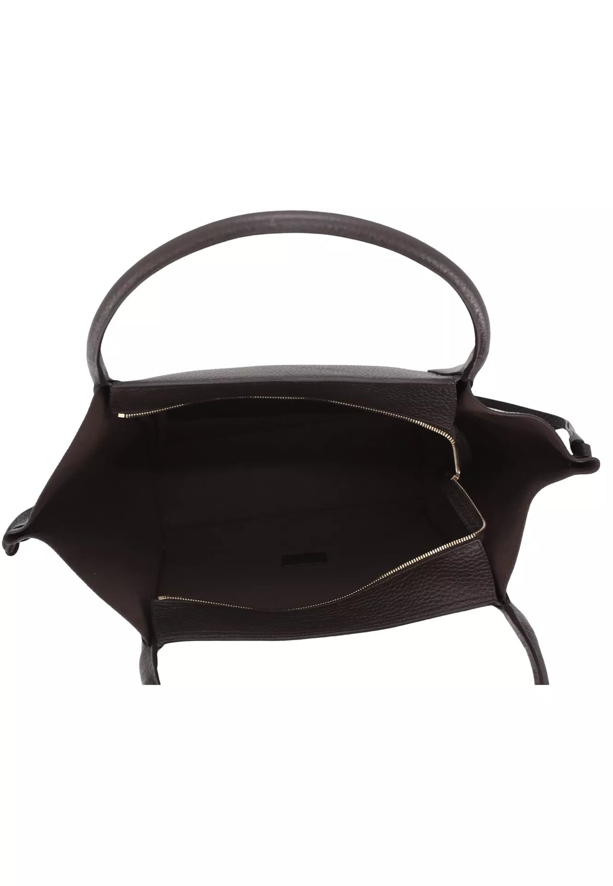 The interior of a dark brown textured leather handbag with a single top handle, shown against a plain white background.