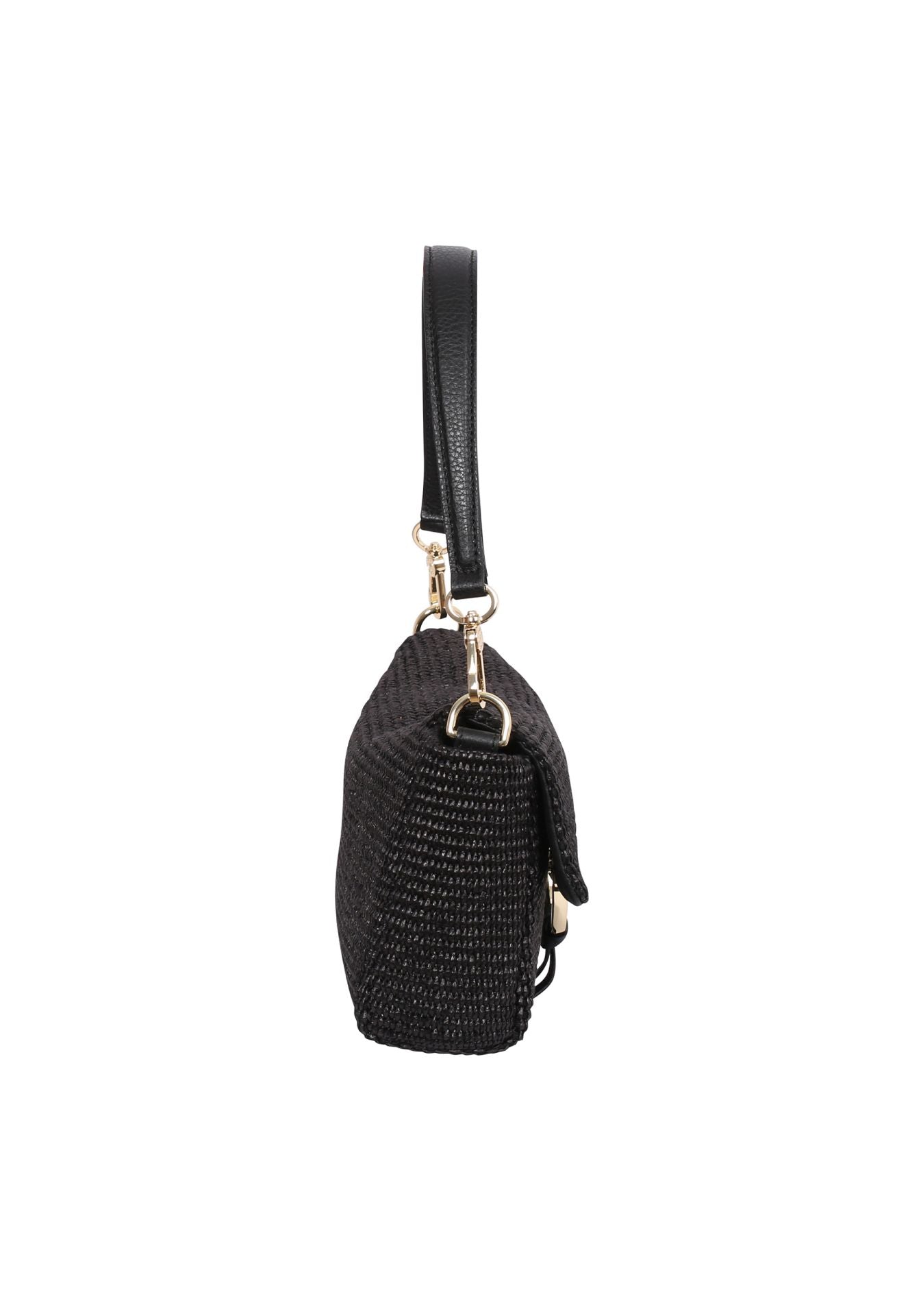 side view of raffia and leather handbag with gold toned hardwear from Abro