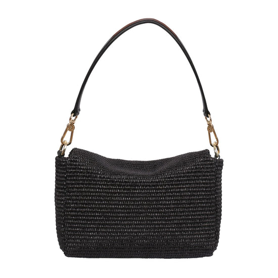 rear view raffia and leather handbag with gold toned hardwear from Abro