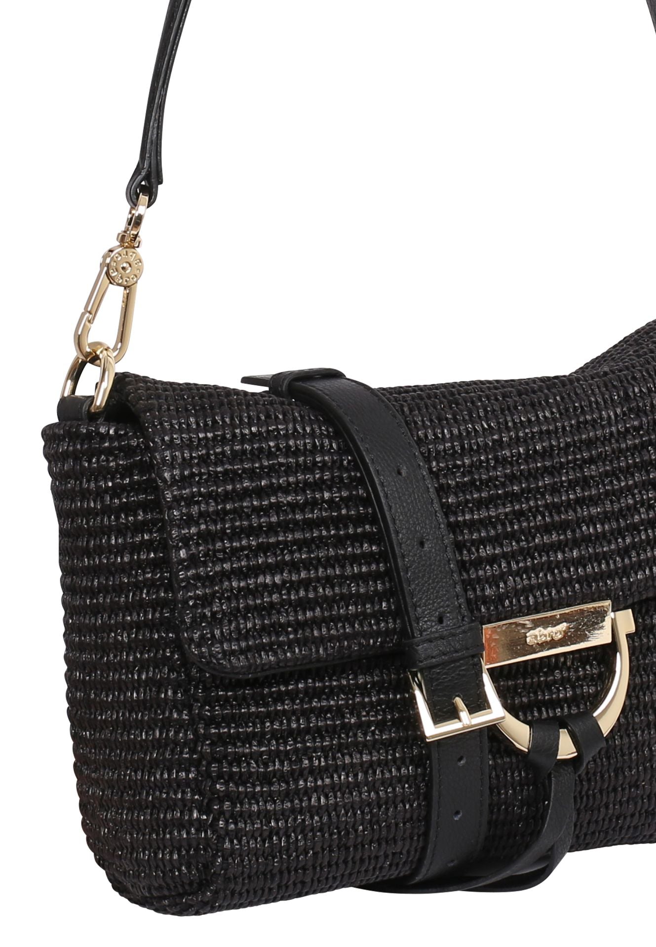 Close up raffia and leather handbag with gold toned hardwear from Abro