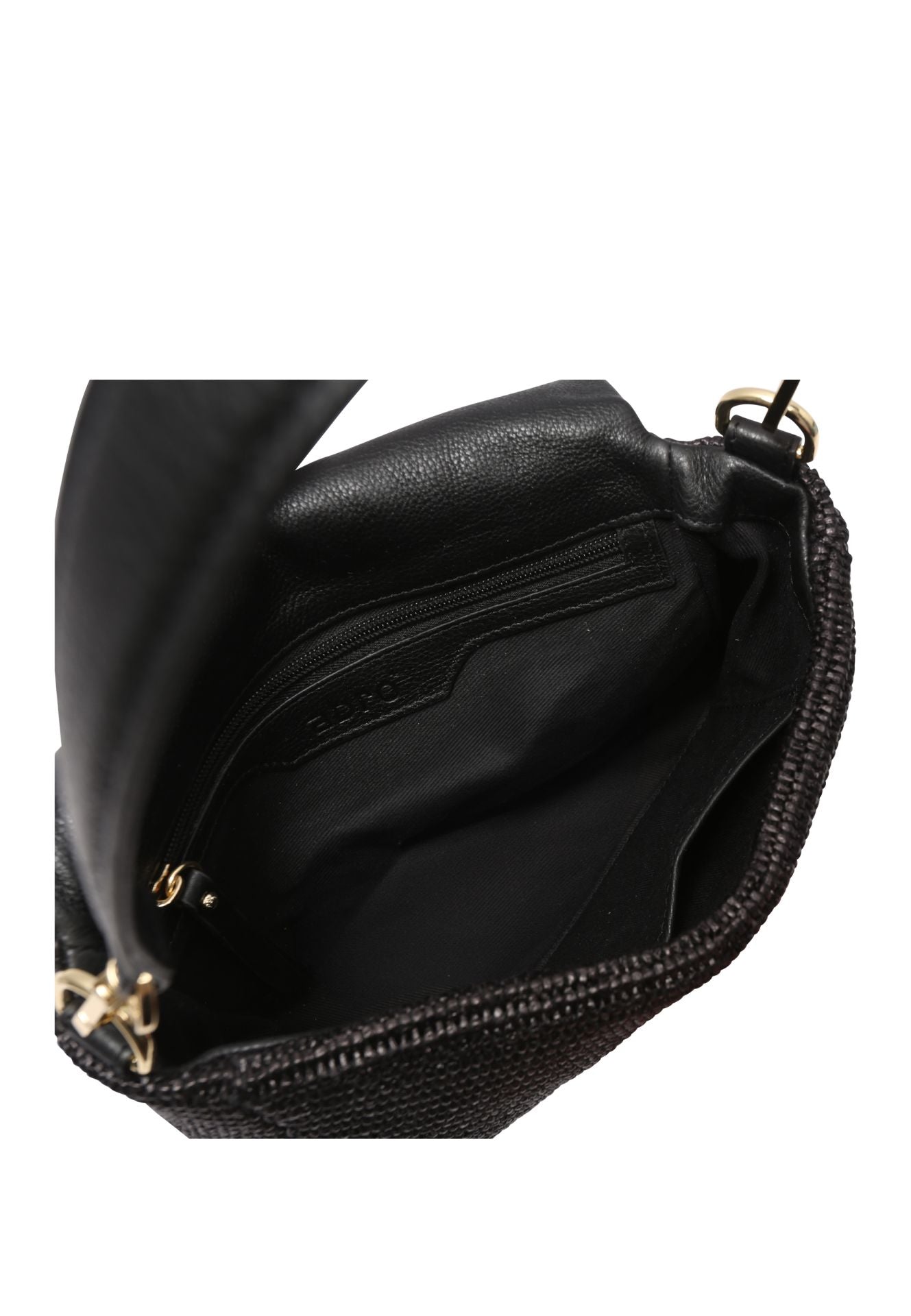 Interior shot raffia and leather handbag with gold toned hardwear from Abro