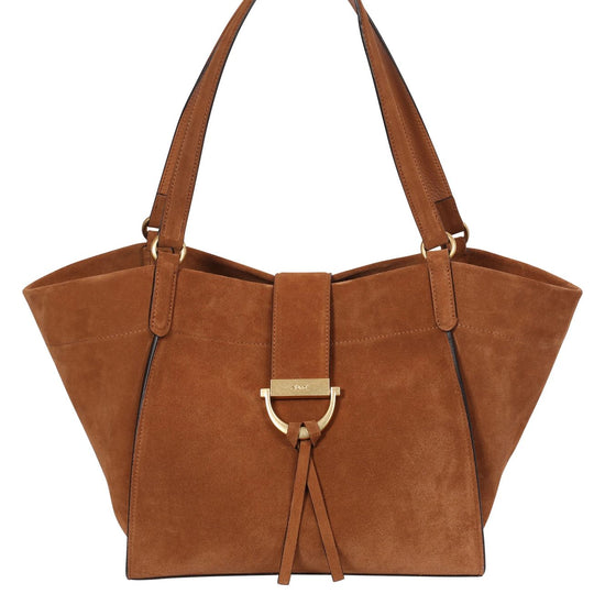 tan suede shopper bag with strap to close the bag