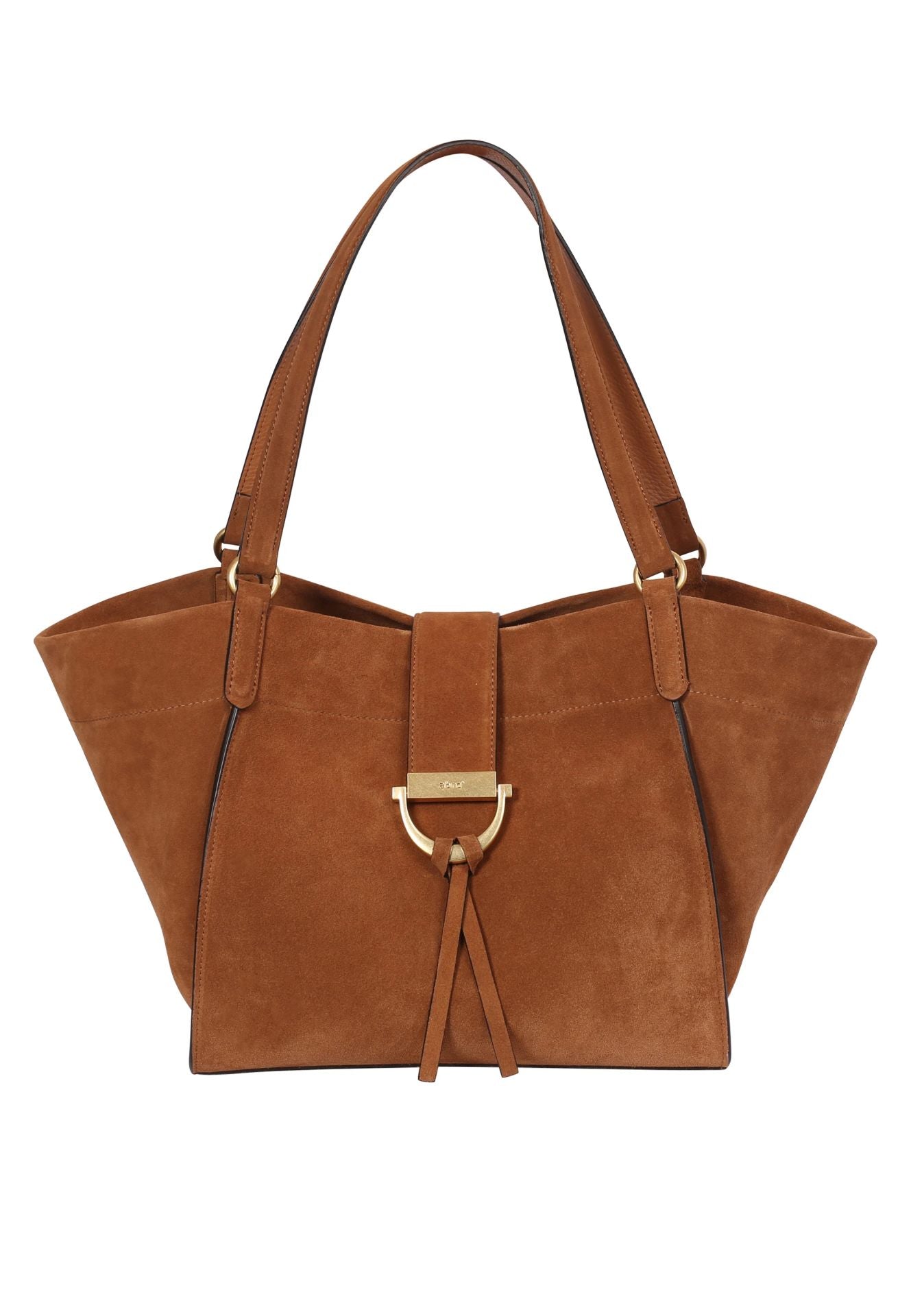 tan suede shopper bag with strap to close the bag