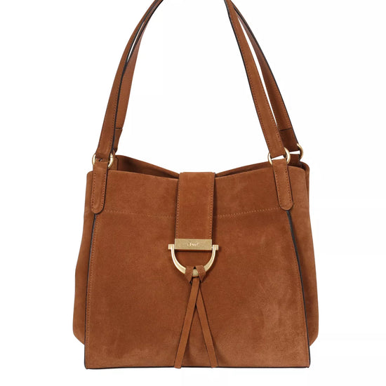 tan suede shopper bag with strap to close the bag closed