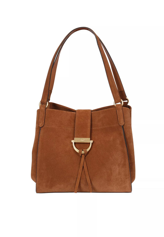 tan suede shopper bag with strap to close the bag closed