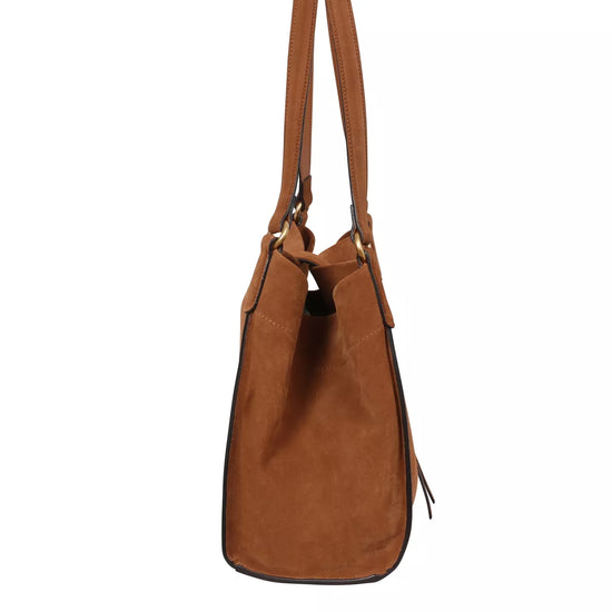 tan suede shopper bag with strap to close the bag side