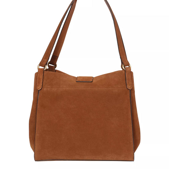 tan suede shopper bag with strap to close the bag rear