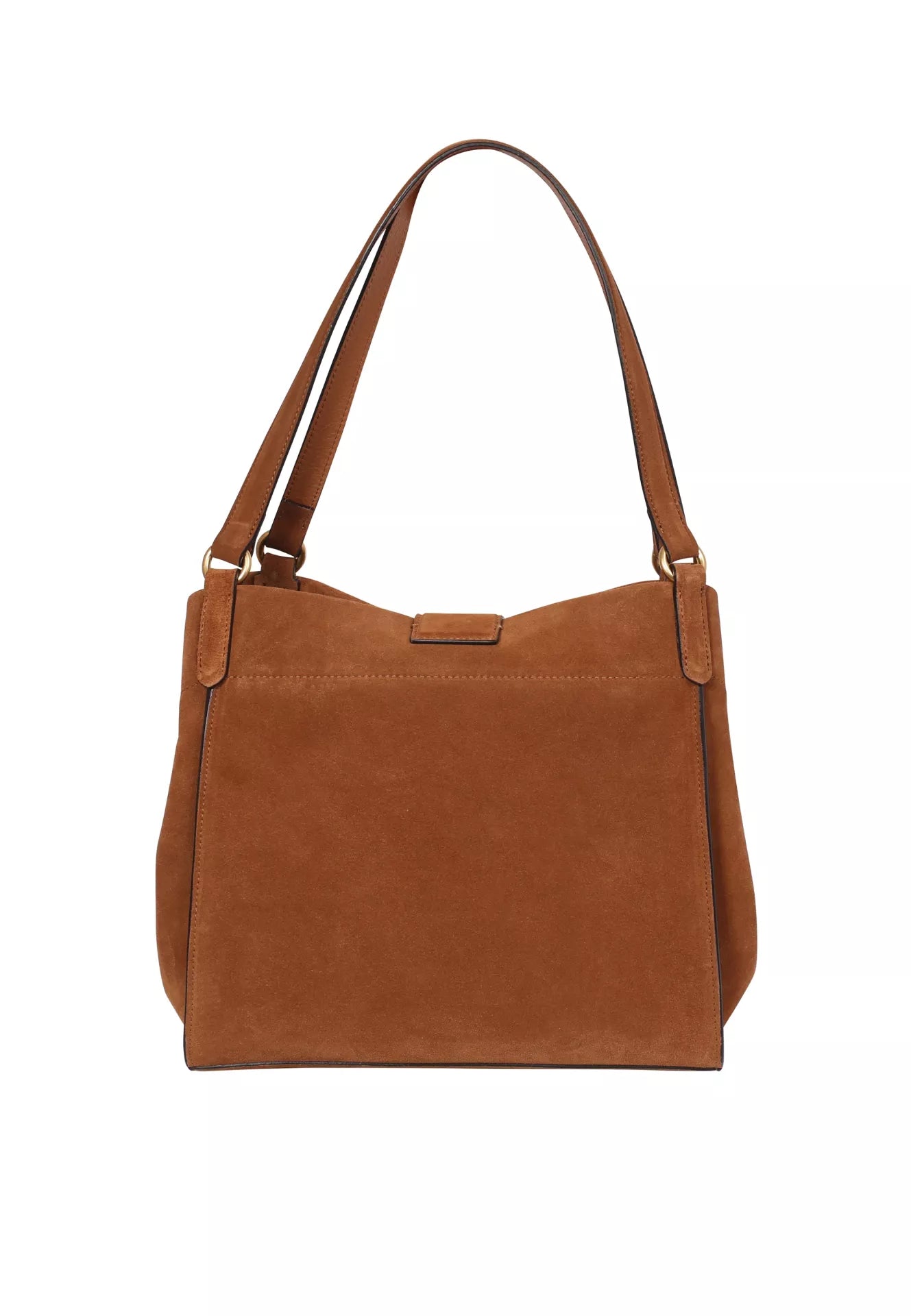 tan suede shopper bag with strap to close the bag rear