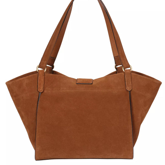 tan suede shopper bag with strap to close the bag rear