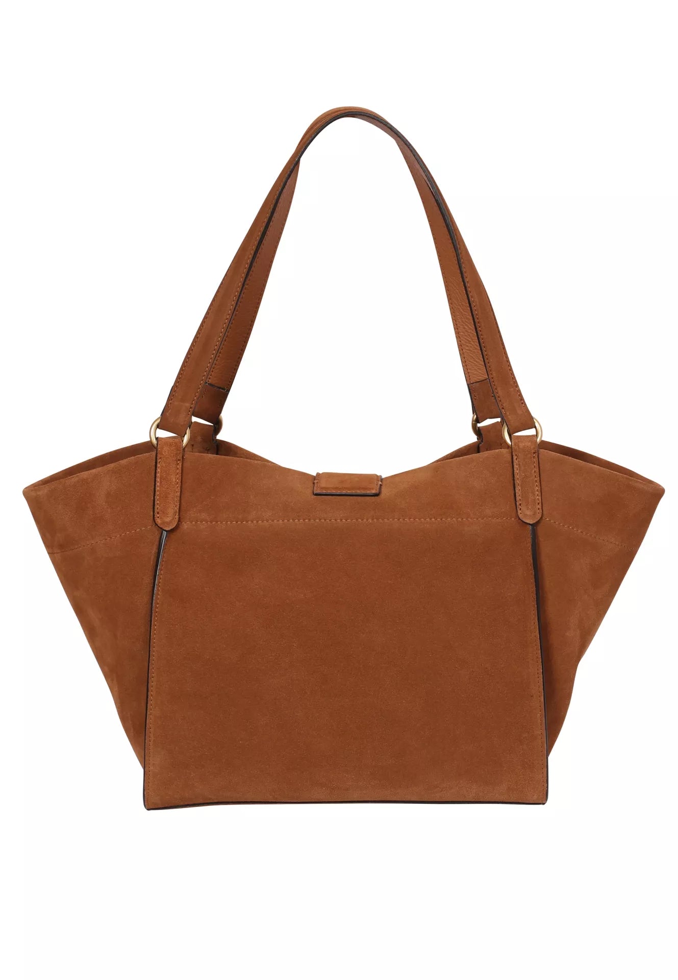 tan suede shopper bag with strap to close the bag rear