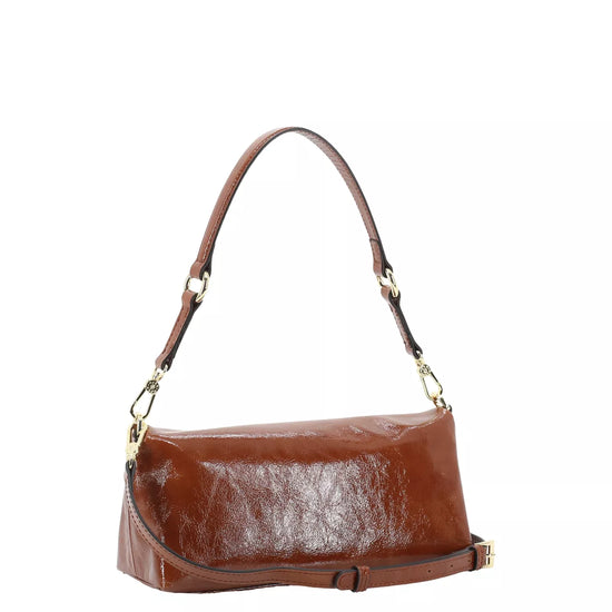 rectangular caramel patent leather bag from abro rear