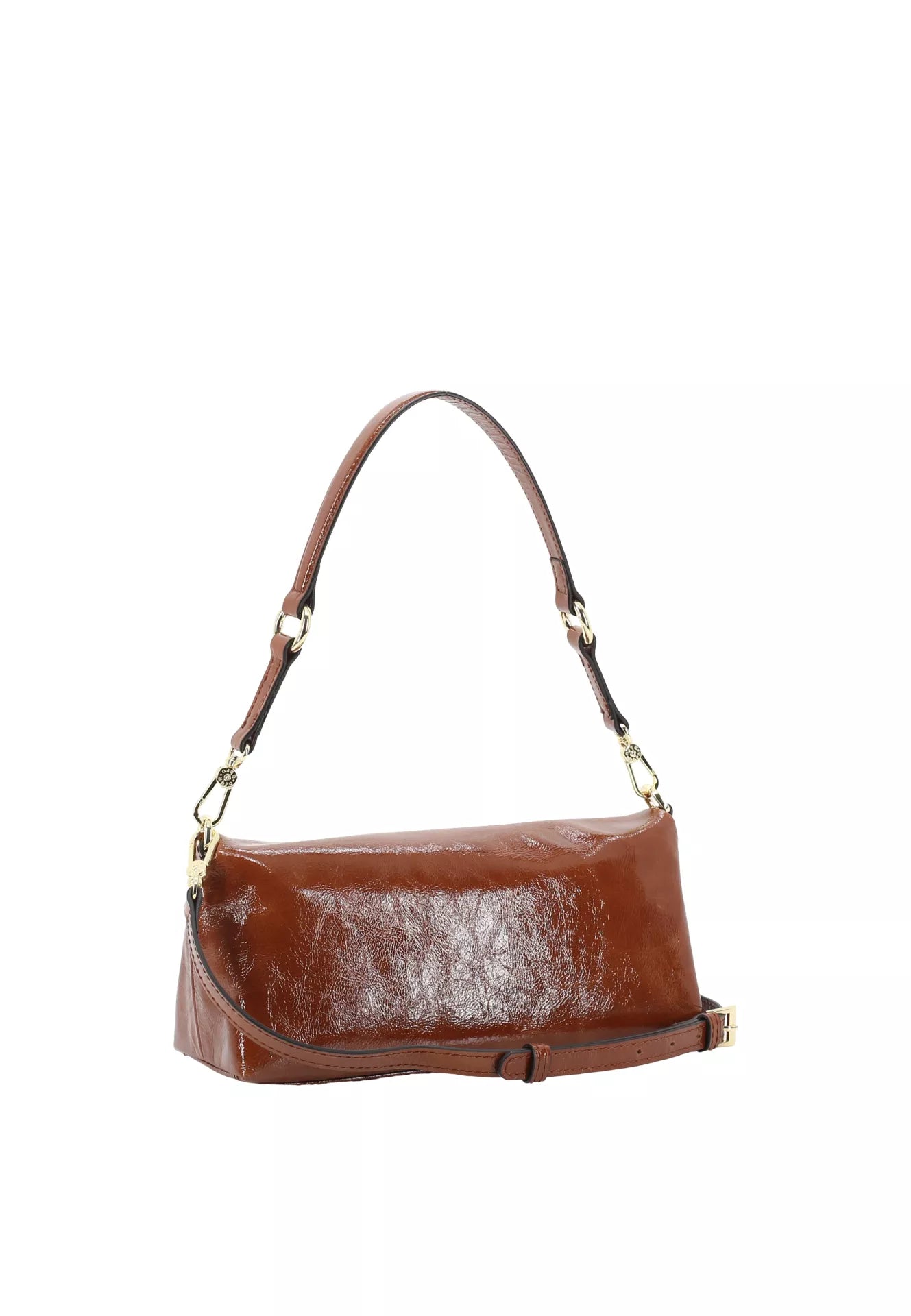 rectangular caramel patent leather bag from abro rear