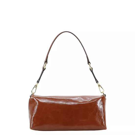 rectangular caramel patent leather bag from abro inside  