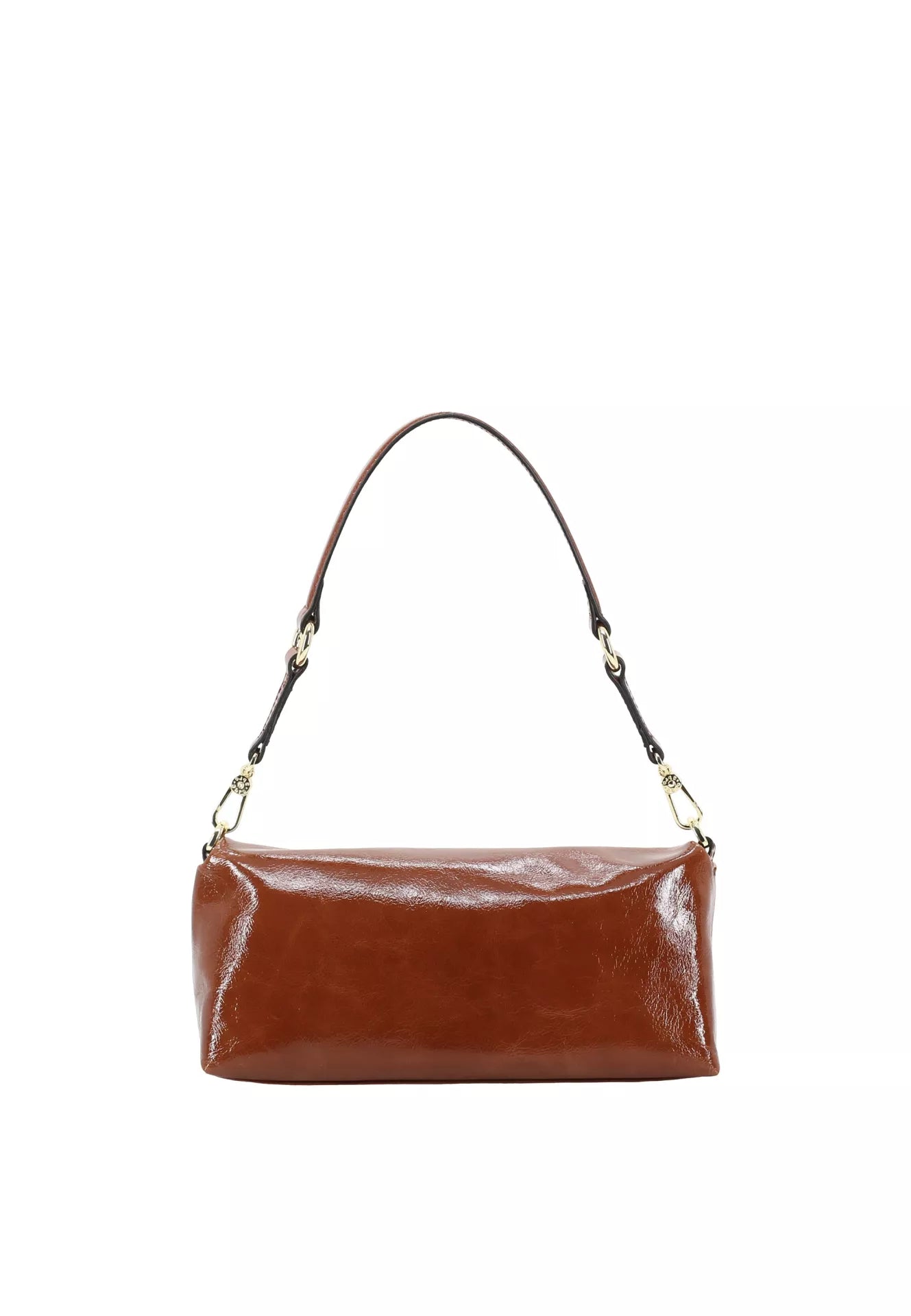 rectangular caramel patent leather bag from abro inside  