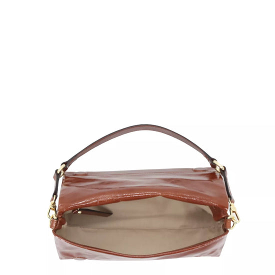 rectangular caramel patent leather bag from abro inside 