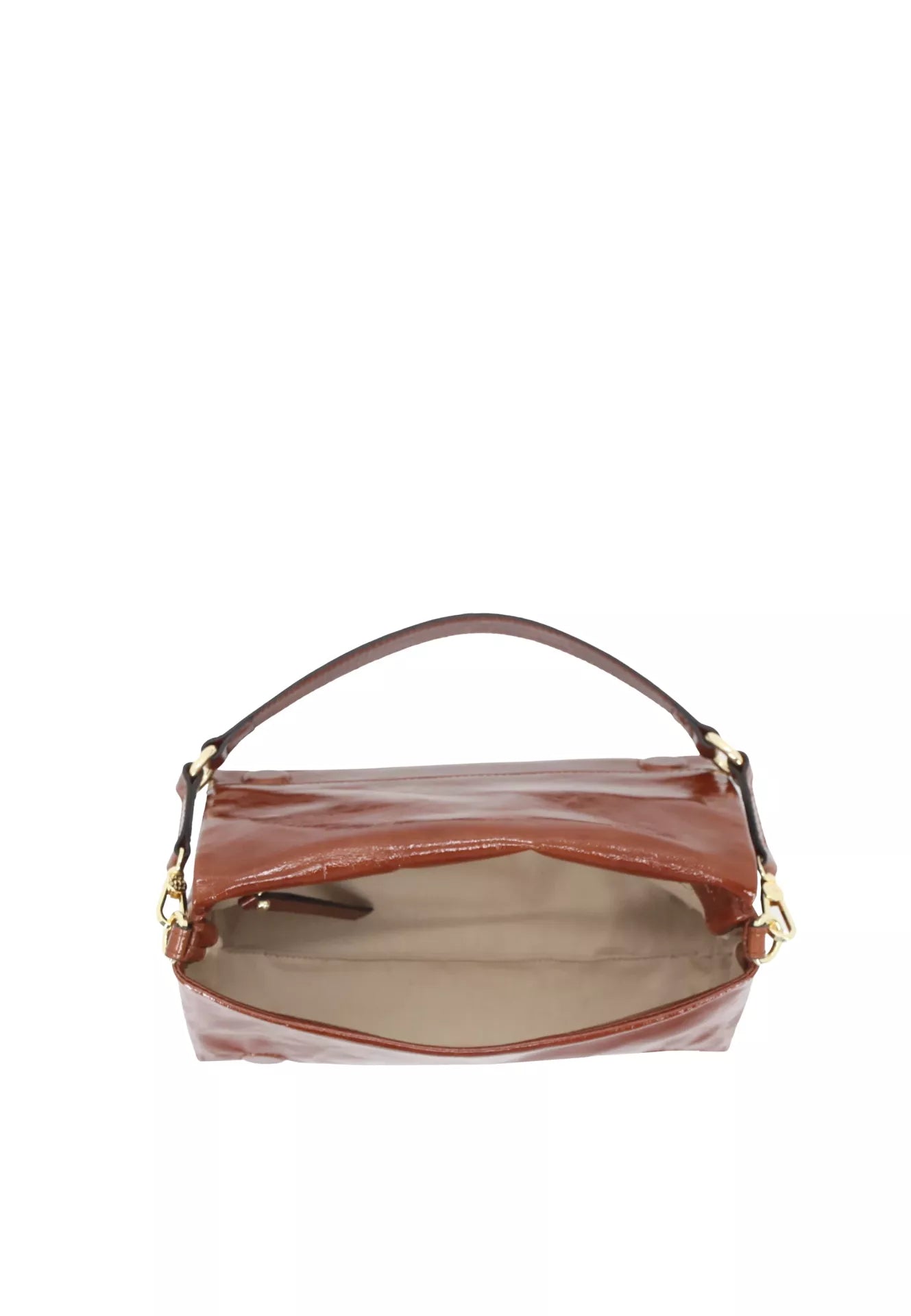 rectangular caramel patent leather bag from abro inside 