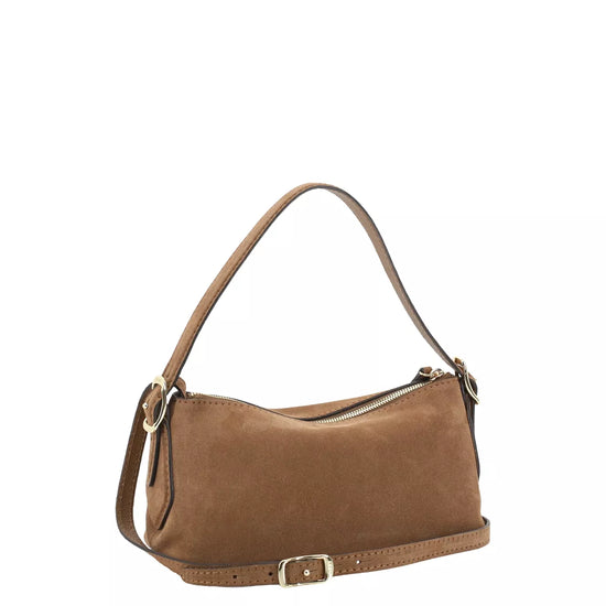Rectangular tan suede handbag with top handle from abro rear