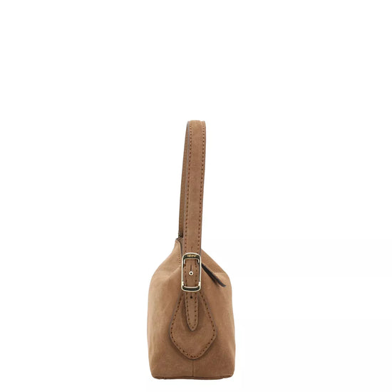 Rectangular tan suede handbag with top handle from abro side 