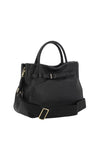 black leather square bag with buckle detail and top handle side