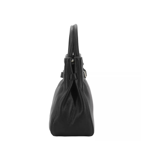 black leather square bag with buckle detail and top handle side