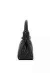 black leather square bag with buckle detail and top handle side
