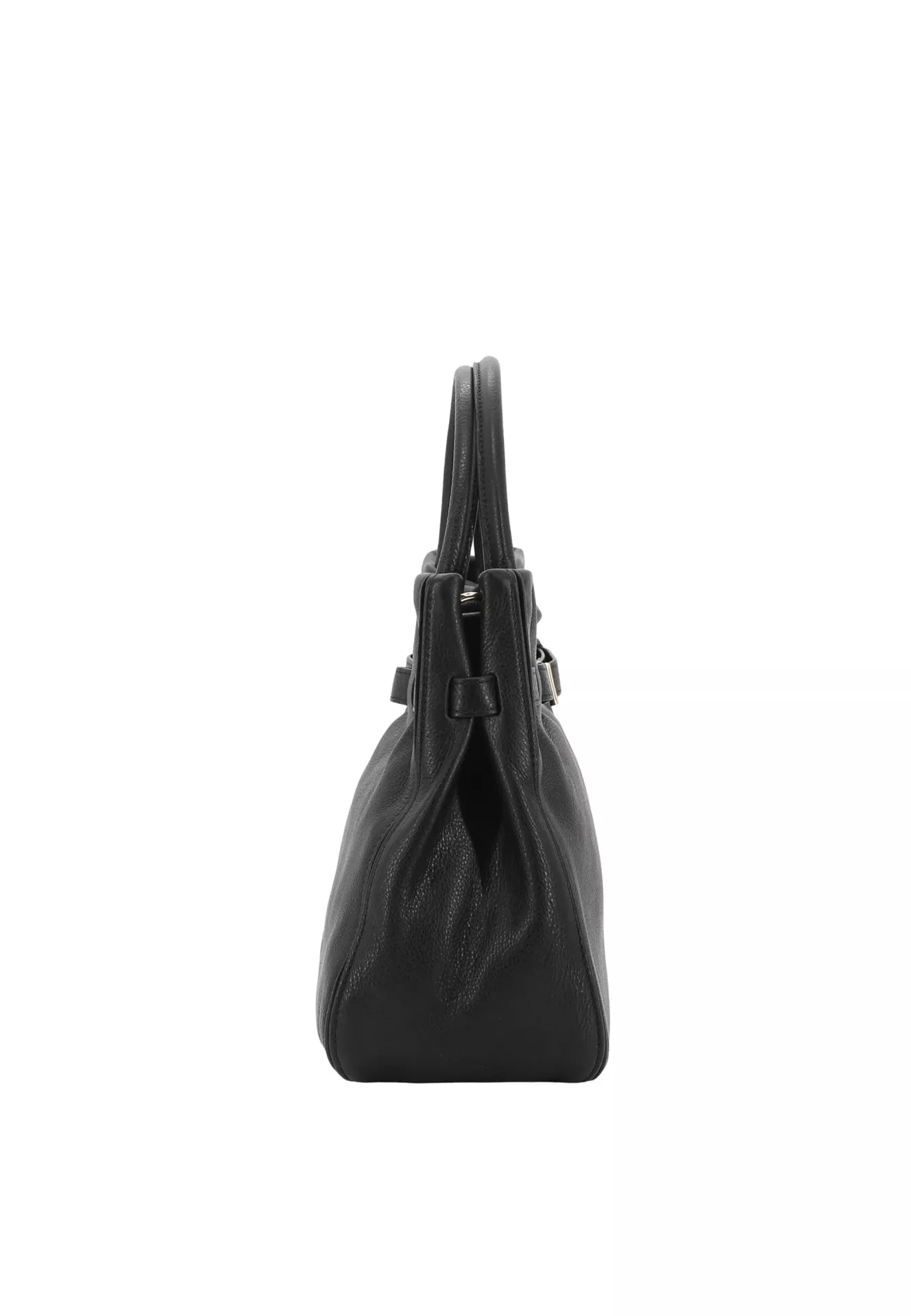 black leather square bag with buckle detail and top handle side