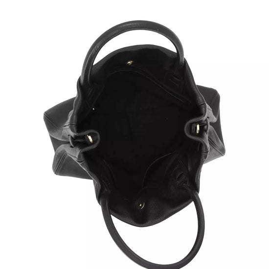 black leather square bag with buckle detail and top handle interior
