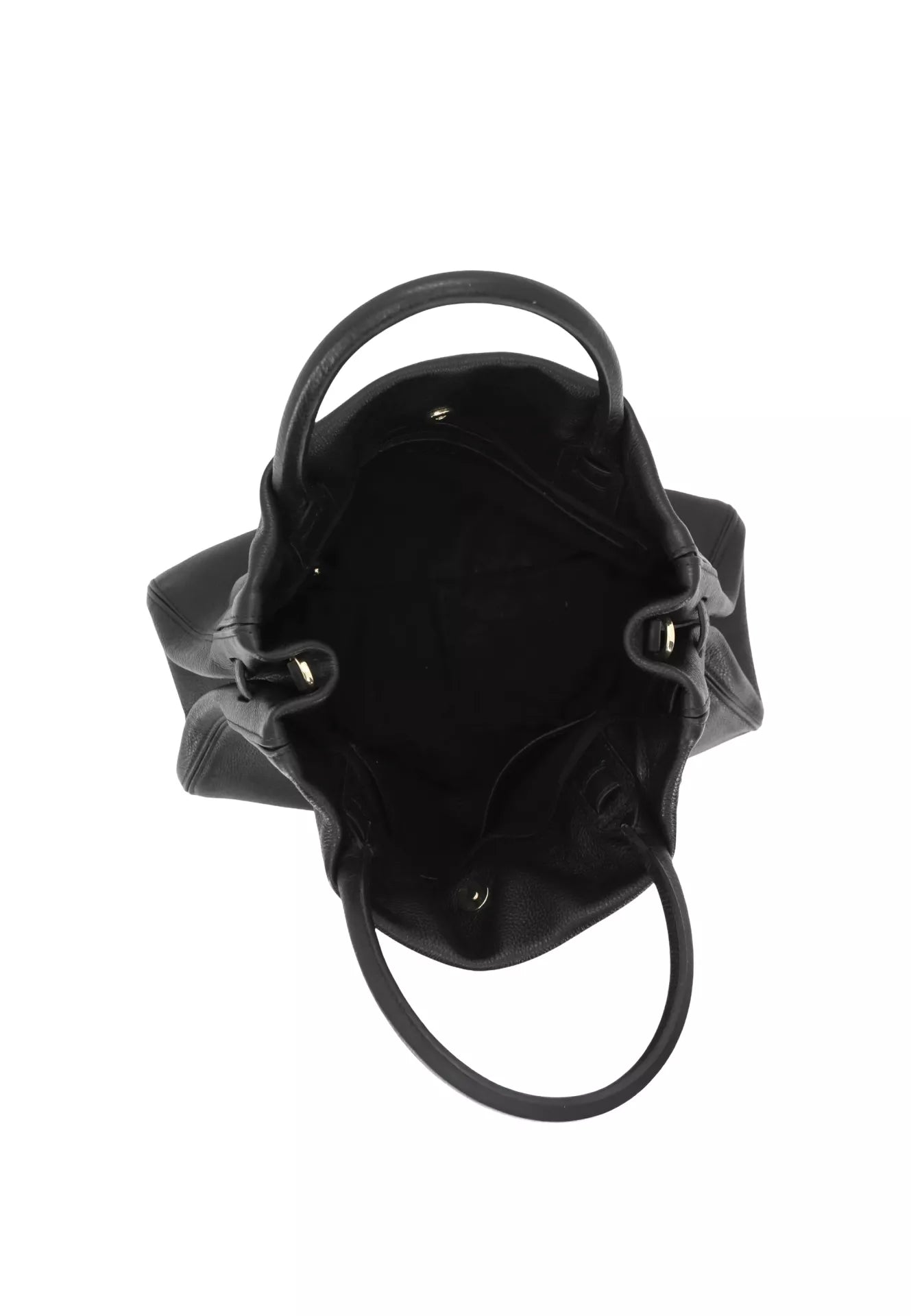 black leather square bag with buckle detail and top handle interior
