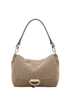Beige woven handbag with a gold clasp on a white background