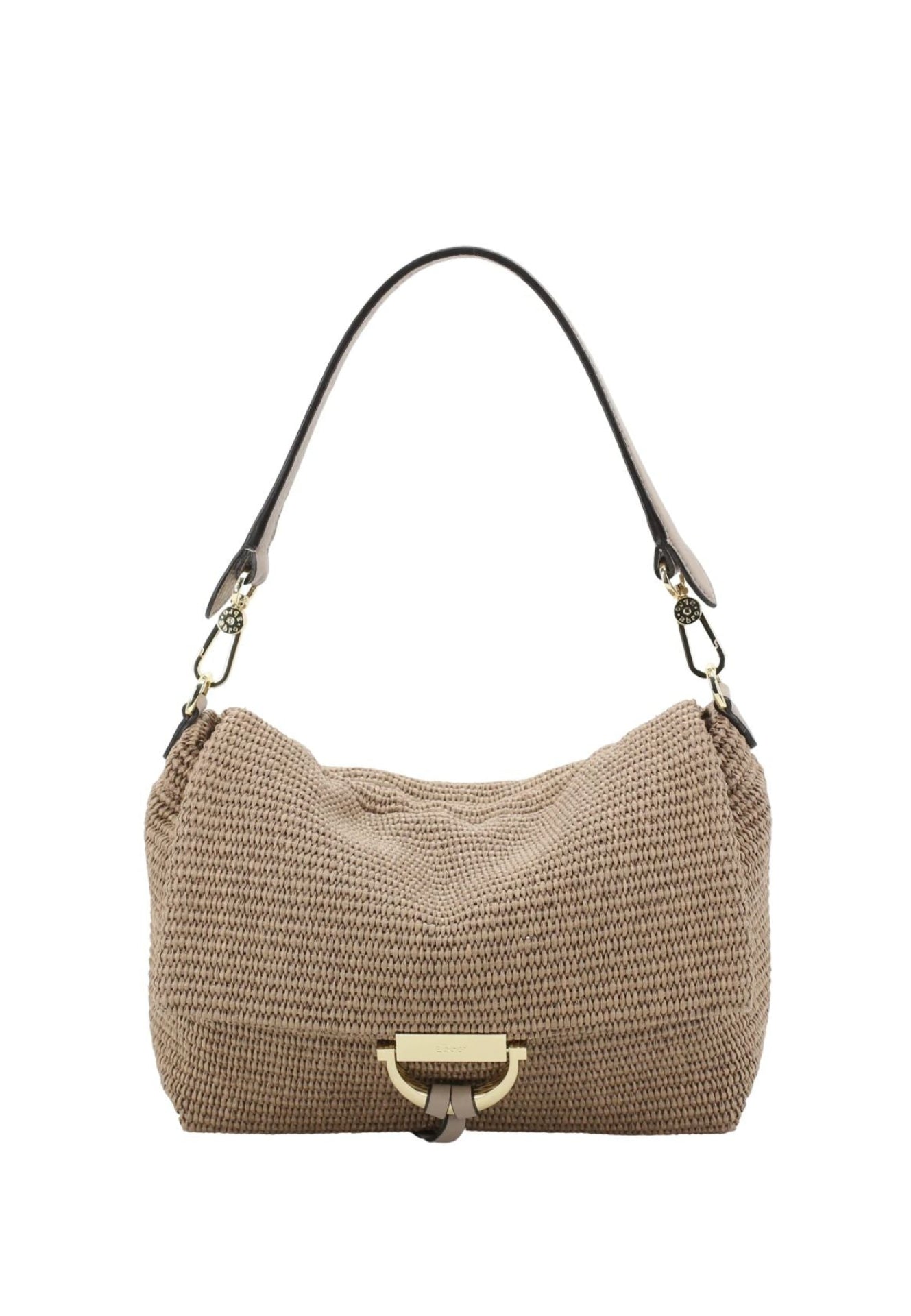 Beige woven handbag with a gold clasp on a white background