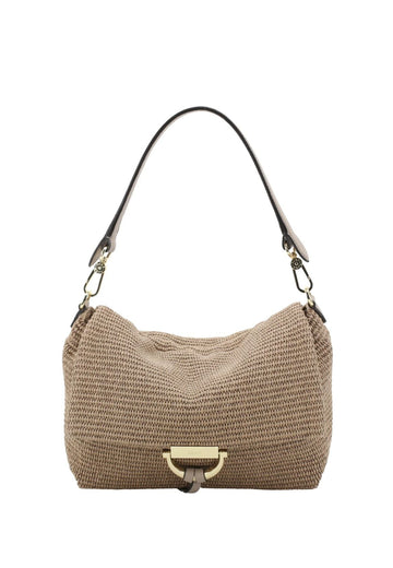 Beige woven handbag with a gold clasp on a white background