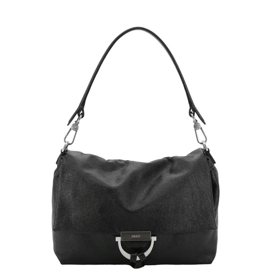 A black slouchy shoulder bag with a silver-tone metal D-ring closure and a black leather strap, shown against a plain white background.