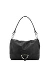 A black slouchy shoulder bag with a silver-tone metal D-ring closure and a black leather strap, shown against a plain white background.