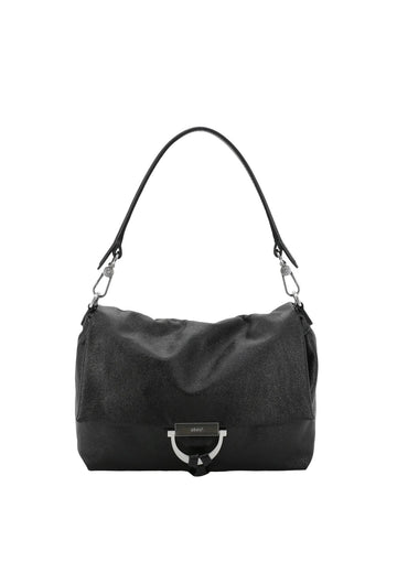 A black slouchy shoulder bag with a silver-tone metal D-ring closure and a black leather strap, shown against a plain white background.