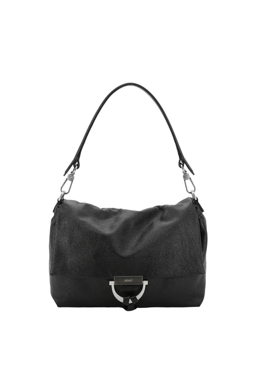 A black slouchy shoulder bag with a silver-tone metal D-ring closure and a black leather strap, shown against a plain white background.