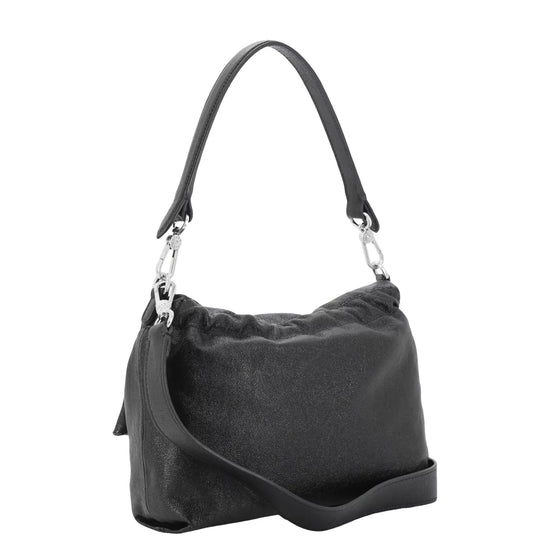 A black leather slouchy shoulder bag with a single top handle and a detachable crossbody strap, shown against a plain white background.