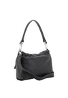 A black leather slouchy shoulder bag with a single top handle and a detachable crossbody strap, shown against a plain white background.
