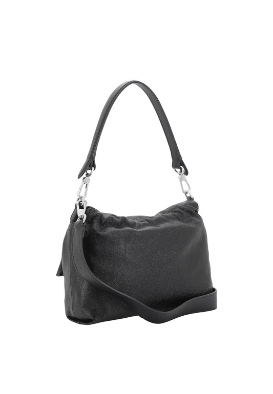 A black leather slouchy shoulder bag with a single top handle and a detachable crossbody strap, shown against a plain white background.