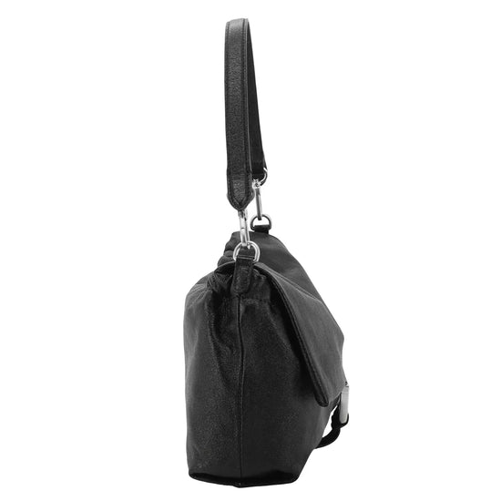 A black leather shoulder bag with a slim wristlet strap and silver-tone hardware, shown from a side profile view against a plain white background.