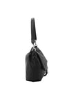 A black leather shoulder bag with a slim wristlet strap and silver-tone hardware, shown from a side profile view against a plain white background.
