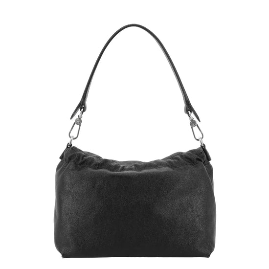 A black slouchy shoulder bag with a textured leather finish, a single shoulder strap, and silver-tone hardware, shown against a plain white background.
