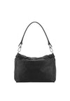 A black slouchy shoulder bag with a textured leather finish, a single shoulder strap, and silver-tone hardware, shown against a plain white background.