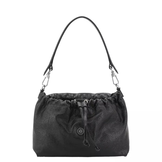 A black slouchy shoulder bag with a textured leather finish, a single shoulder strap, and silver-tone hardware, shown against a plain white background.