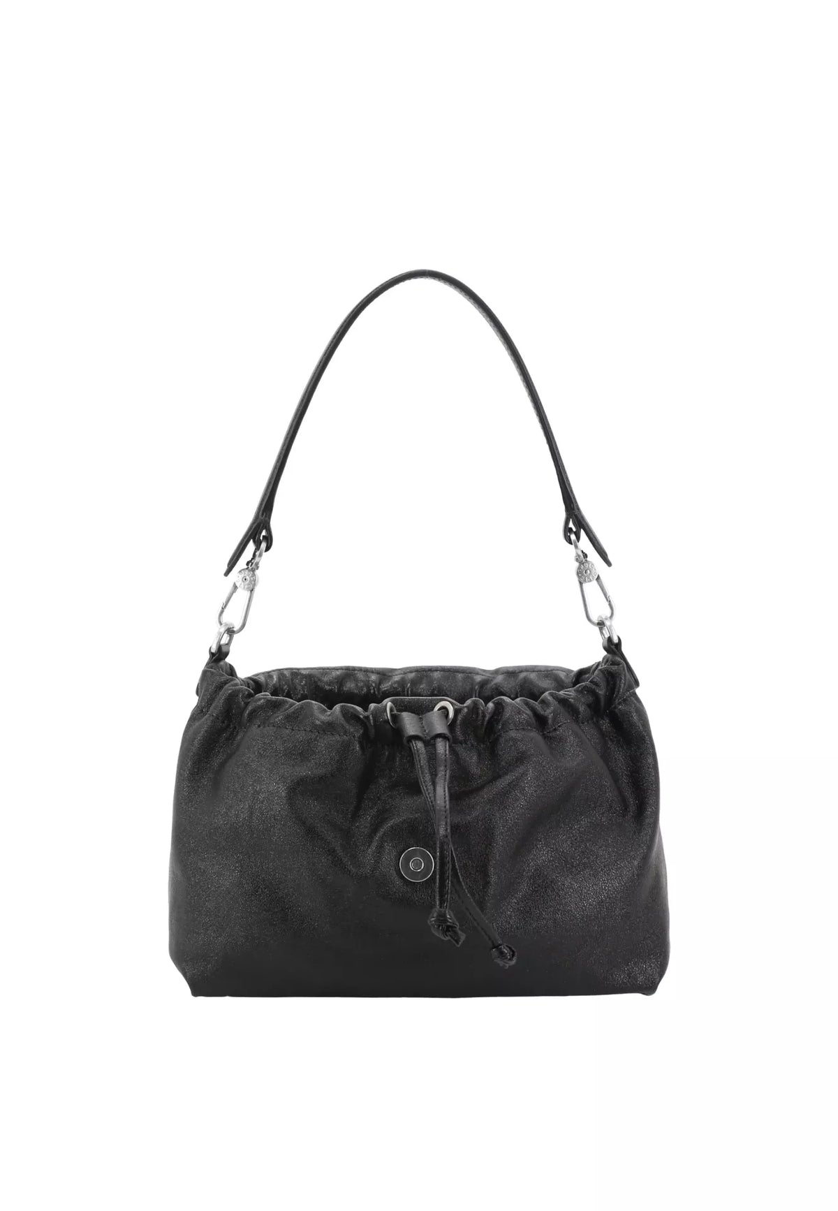 A black slouchy shoulder bag with a textured leather finish, a single shoulder strap, and silver-tone hardware, shown against a plain white background.