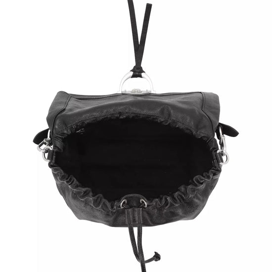 A black leather and canvas drawstring pouch bag shown from a top-down view, featuring a silver-tone metal ring and black drawstrings, on a solid white background.