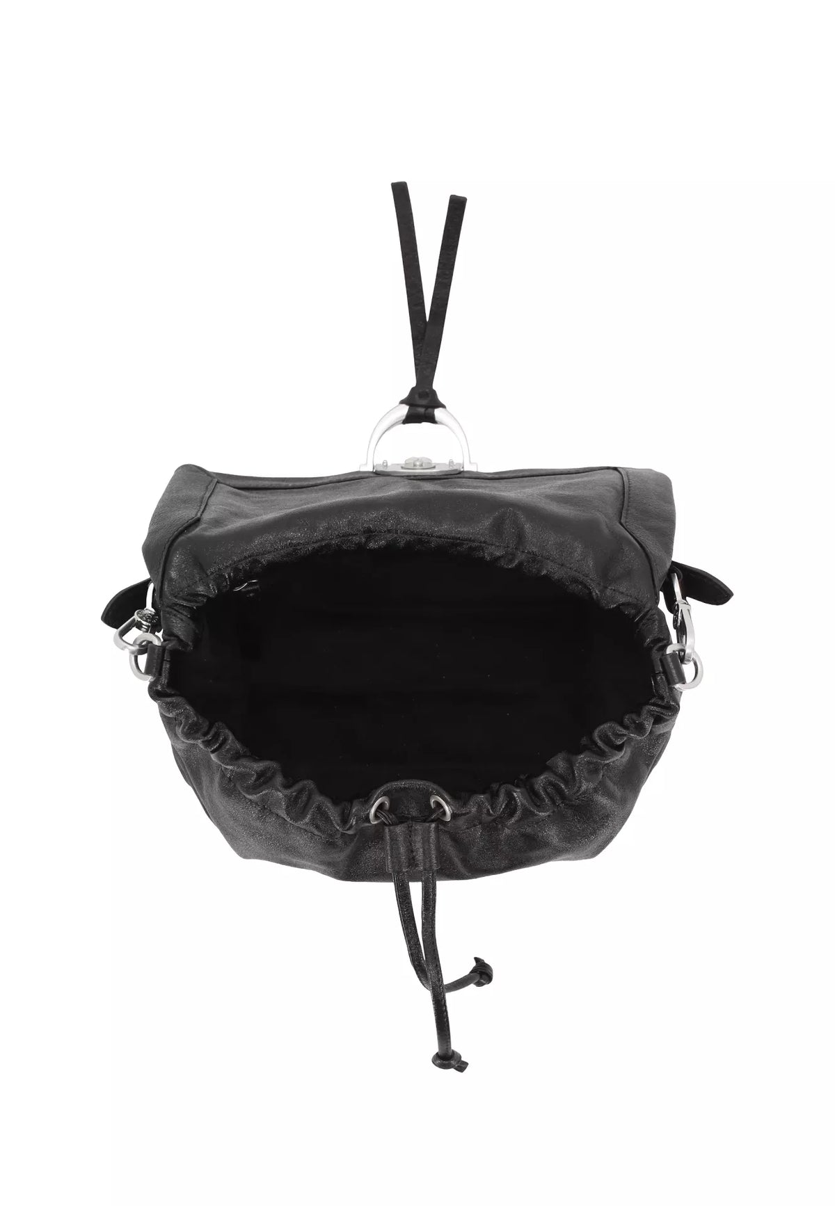 A black leather and canvas drawstring pouch bag shown from a top-down view, featuring a silver-tone metal ring and black drawstrings, on a solid white background.